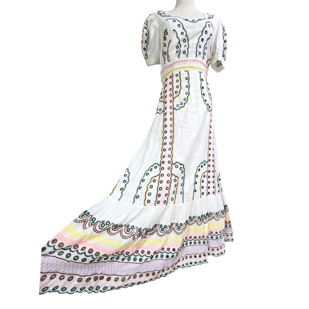 Bohme Embroidered Midi Dress Women S White Eyelet Puff Sleeve Smocked - Picture 9 of 16